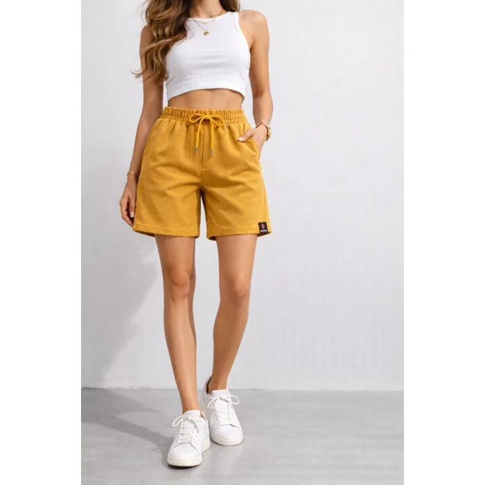 Kadın Dokuma otoban Şort Beli Lastikli Bağcıklı, Cepli, Rahat Kesim Günlük Yazlık Şort - Hardal