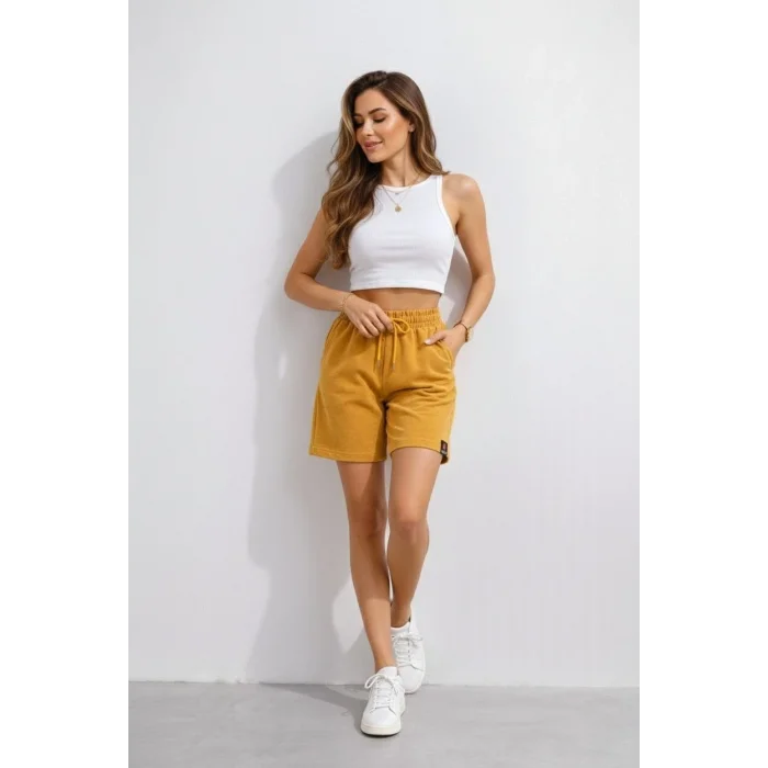 Kadın Dokuma otoban Şort Beli Lastikli Bağcıklı, Cepli, Rahat Kesim Günlük Yazlık Şort - Hardal