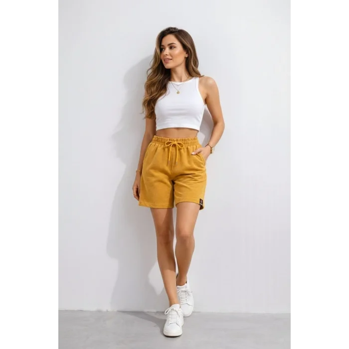 Kadın Dokuma otoban Şort Beli Lastikli Bağcıklı, Cepli, Rahat Kesim Günlük Yazlık Şort - Hardal