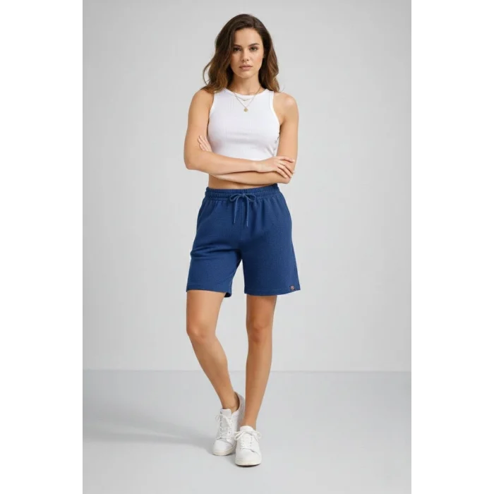 Kadın Dokuma otoban Şort Beli Lastikli Bağcıklı, Cepli, Rahat Kesim Günlük Yazlık Şort - İndigo