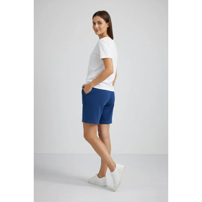 Kadın Dokuma otoban Şort Beli Lastikli Bağcıklı, Cepli, Rahat Kesim Günlük Yazlık Şort - İndigo