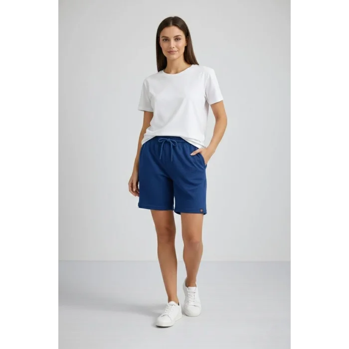 Kadın Dokuma otoban Şort Beli Lastikli Bağcıklı, Cepli, Rahat Kesim Günlük Yazlık Şort - İndigo