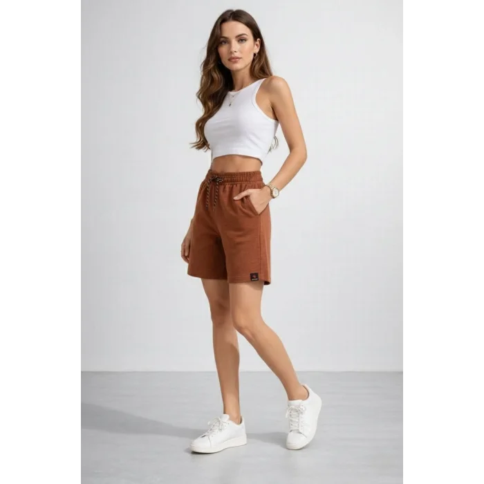 Kadın Dokuma otoban Şort Beli Lastikli Bağcıklı, Cepli, Rahat Kesim Günlük Yazlık Şort - Kahverengi