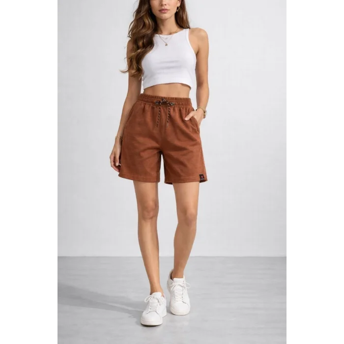 Kadın Dokuma otoban Şort Beli Lastikli Bağcıklı, Cepli, Rahat Kesim Günlük Yazlık Şort - Kahverengi