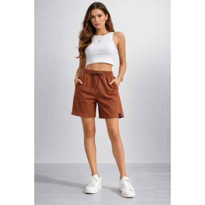 Kadın Dokuma otoban Şort Beli Lastikli Bağcıklı, Cepli, Rahat Kesim Günlük Yazlık Şort - Kahverengi