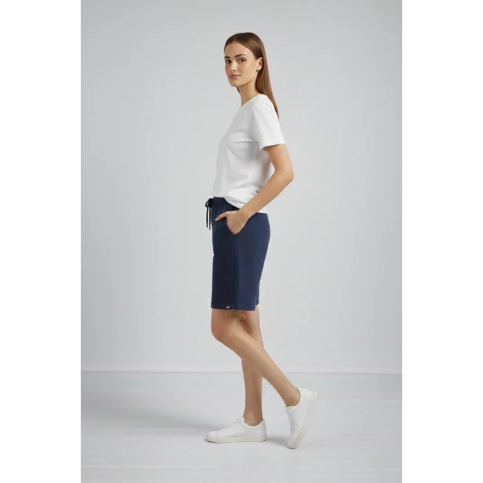 Kadın Dokuma otoban Şort Beli Lastikli Bağcıklı, Cepli, Rahat Kesim Günlük Yazlık Şort - Lacivert