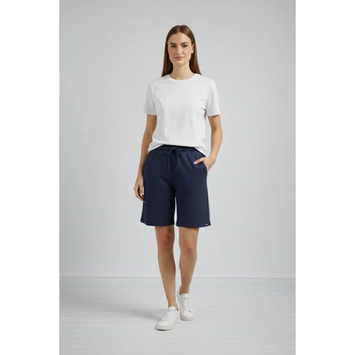 Kadın Dokuma otoban Şort Beli Lastikli Bağcıklı, Cepli, Rahat Kesim Günlük Yazlık Şort - Lacivert