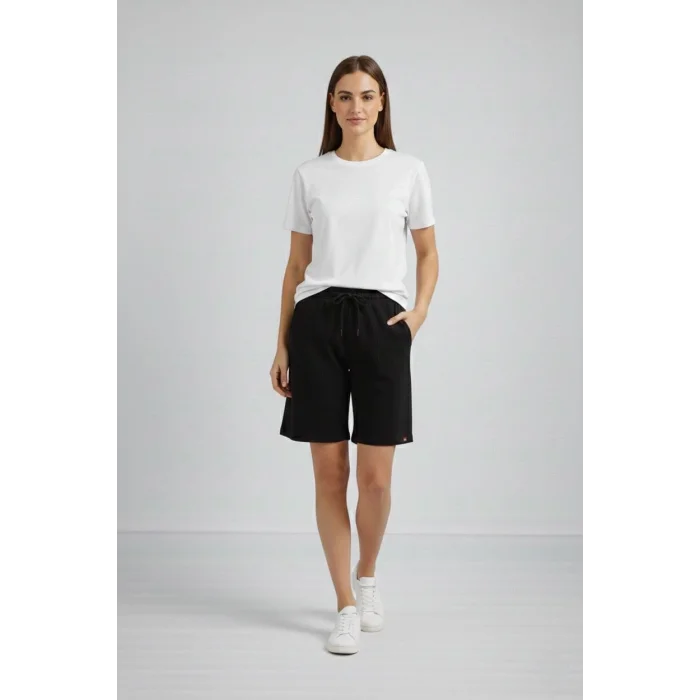 Kadın Dokuma otoban Şort Beli Lastikli Bağcıklı, Cepli, Rahat Kesim Günlük Yazlık Şort - Siyah