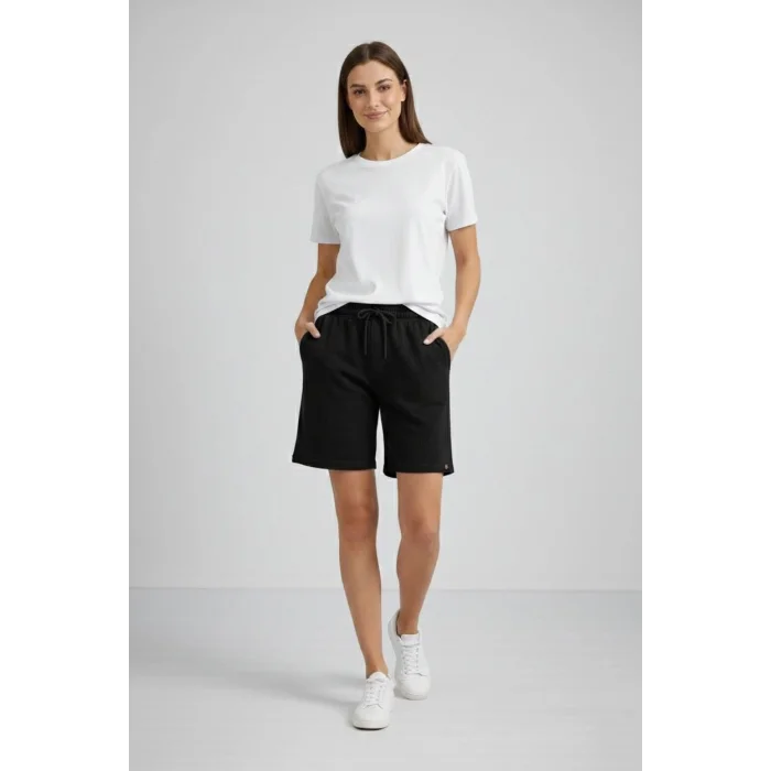 Kadın Dokuma otoban Şort Beli Lastikli Bağcıklı, Cepli, Rahat Kesim Günlük Yazlık Şort - Siyah
