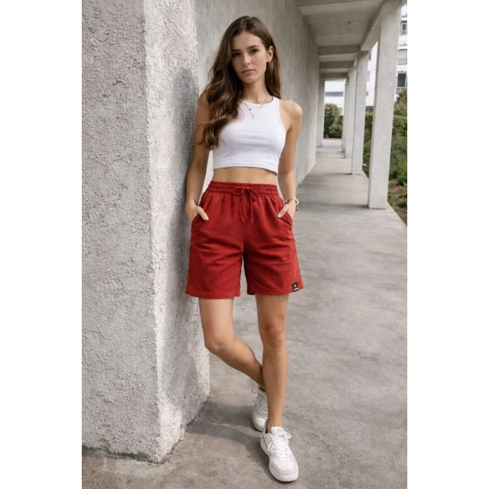 Kadın Dokuma otoban Şort Beli Lastikli Bağcıklı, Cepli, Rahat Kesim Günlük Yazlık Şort - Turuncu