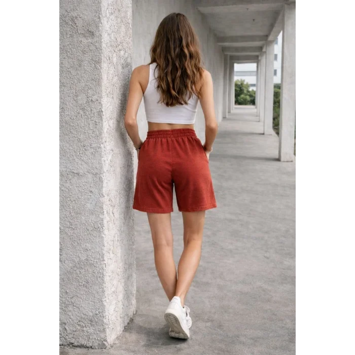 Kadın Dokuma otoban Şort Beli Lastikli Bağcıklı, Cepli, Rahat Kesim Günlük Yazlık Şort - Turuncu