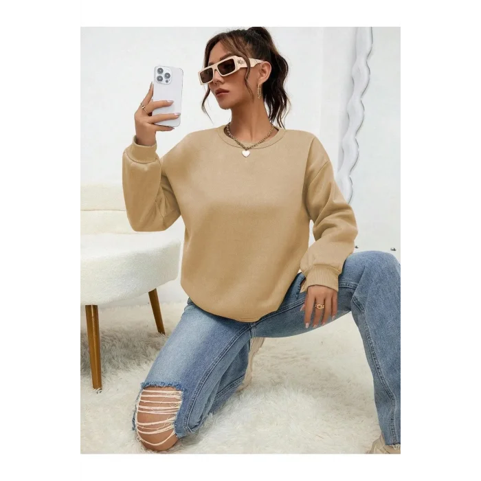 Kadın Düz Bisiklet Yaka 3 İplik  Sweatshirt - Bej