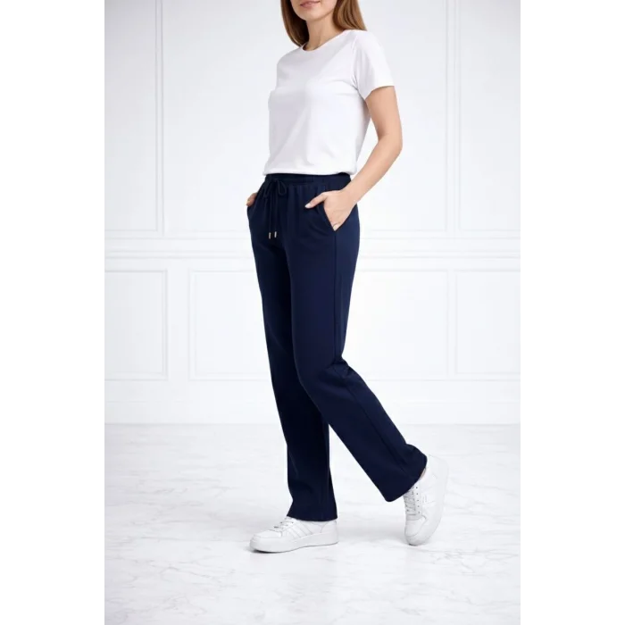 Kadın Düz Paça Beli Lastikli İpli Günlük Spor Eşofman Altı Rahat Fit - Lacivert