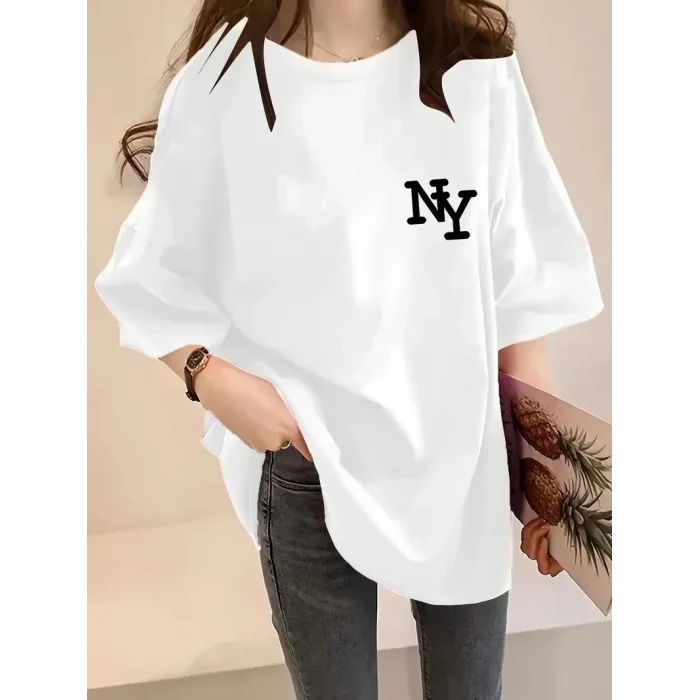 Kadın T-shirt Eğlenceli Harf NY Baskılı Bisiklet Yaka Tişört - Beyaz