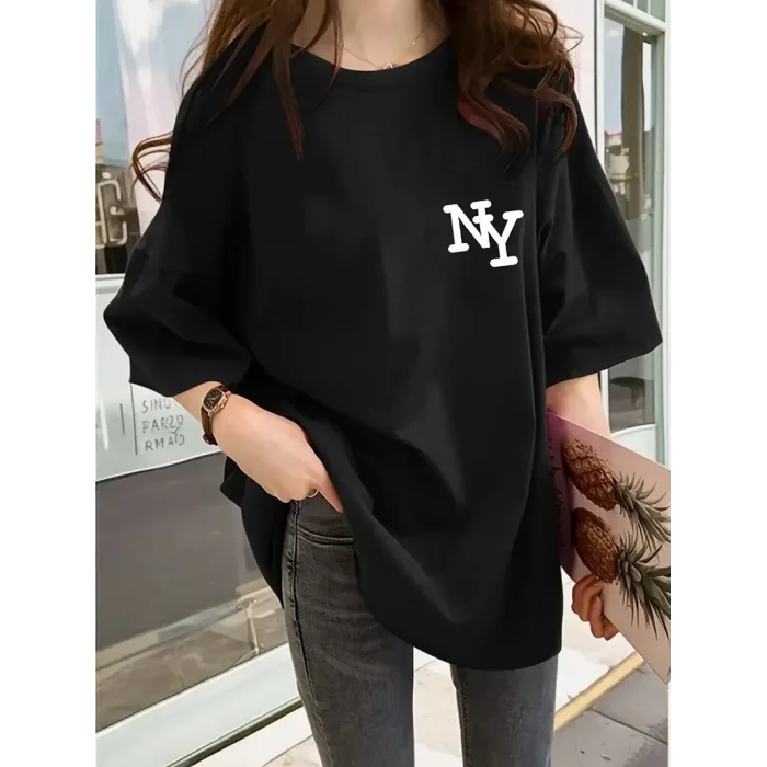 Kadın T-shirt Bisiklet yaka  NY Baskılı kısa kol Tişört - Siyah