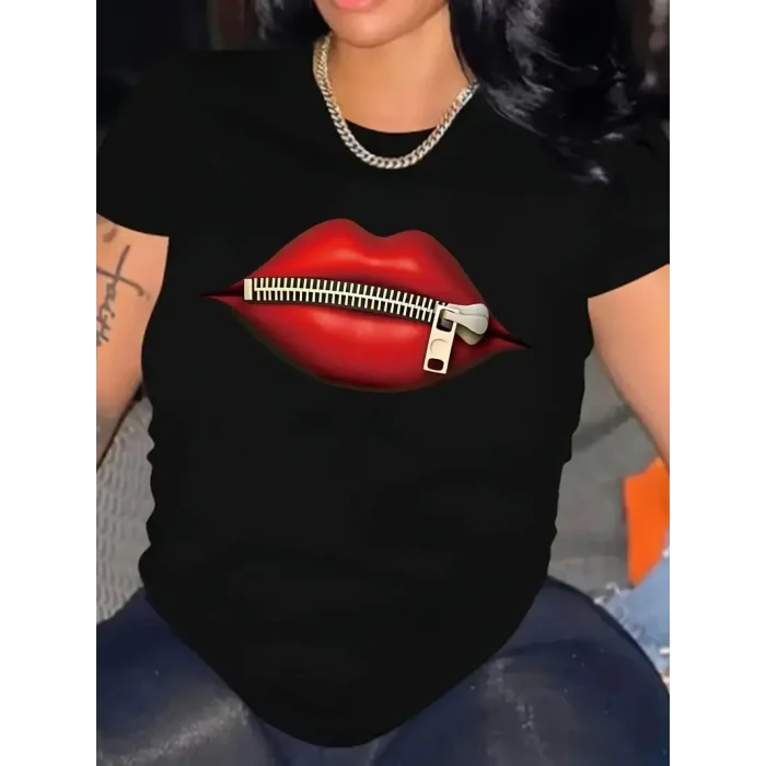 Kadın Kısa Kol Yazlık Tişört Bisiklet Yaka Dudak Baskılı T-Shirt - Siyah