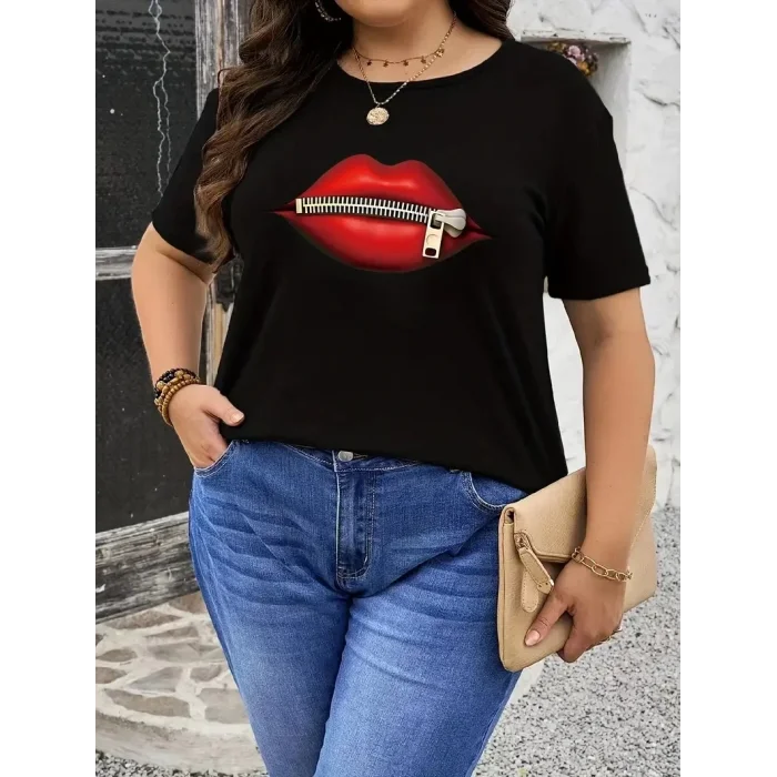 Kadın Kısa Kol Yazlık Tişört Bisiklet Yaka Dudak Baskılı T-Shirt - Siyah