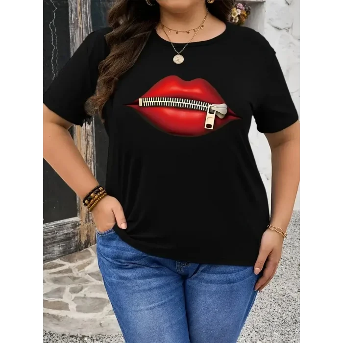 Kadın Kısa Kol Yazlık Tişört Bisiklet Yaka Dudak Baskılı T-Shirt - Siyah