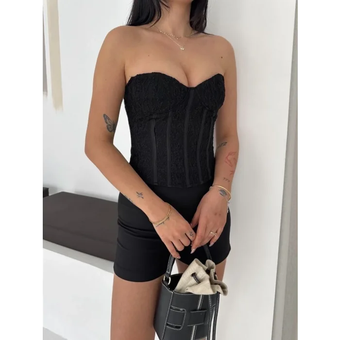Kadın Fermuarlı Dantel Korse Straplez Bustiyer Transparan Şık Top - Siyah