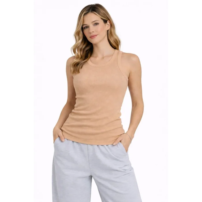 Kadın Fitilli Atlet Sıfır Yaka Slim Fit Arka Baskılı Spor Atlet - Bej