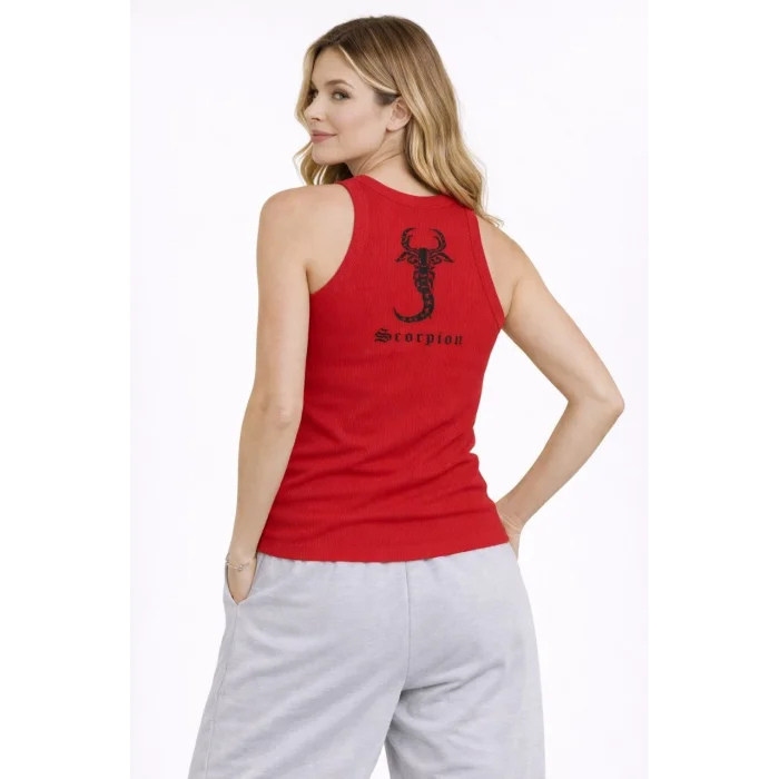 Kadın Fitilli Atlet Sıfır Yaka Slim Fit Arka Baskılı Spor Atlet - Kırmızı