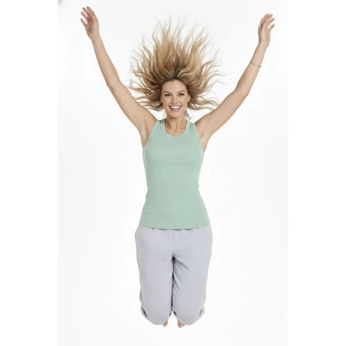 Kadın Fitilli Atlet Sıfır Yaka Slim Fit Arka Baskılı Spor Atlet - Mint Yeşili