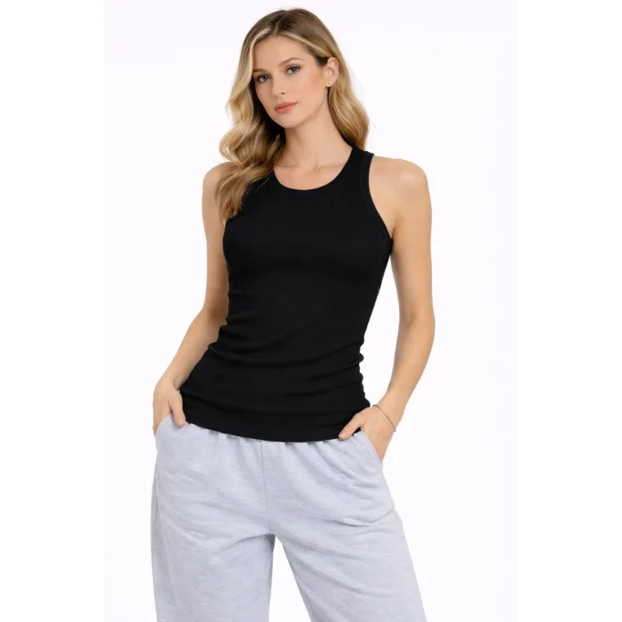 Kadın Fitilli Atlet Sıfır Yaka Slim Fit Arka Baskılı Spor Atlet - Siyah