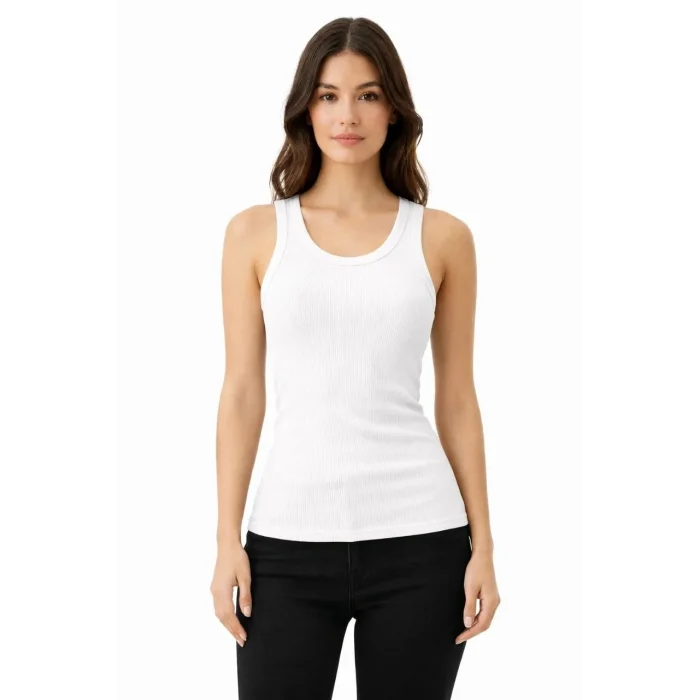 Kadın Fitilli Likralı Kaşkorse Atlet Vücuda Oturan Basic Şıklık - Beyaz