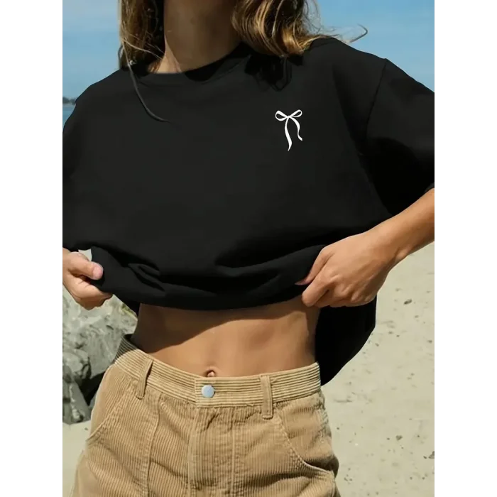 Kadın Tişört fiyonk baskılı Bisiklet yaka yazlık Kısa Kol oversize t-shirt - Siyah
