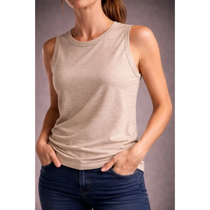 Kadın Flamlı Kumaş Sıfır Kolsuz Atlet Basic Spor Üst, Günlük ve Fitness Kullanımına Uygun - Taş