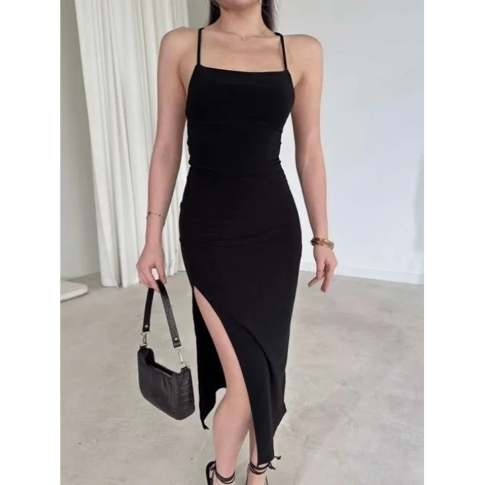 Kadın İp Askılı Sırt Dekolteli Bağlama Detaylı Yırtmaçlı Midi Elbise - Siyah