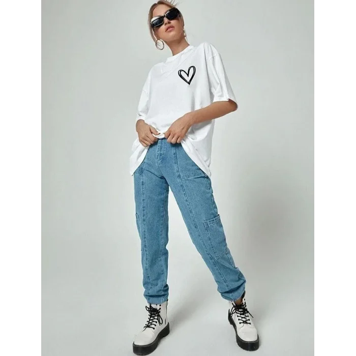 Kadın Tişort Kalp Baskılı Bisiklet yaka Kısa kol T-Shirt - Beyaz