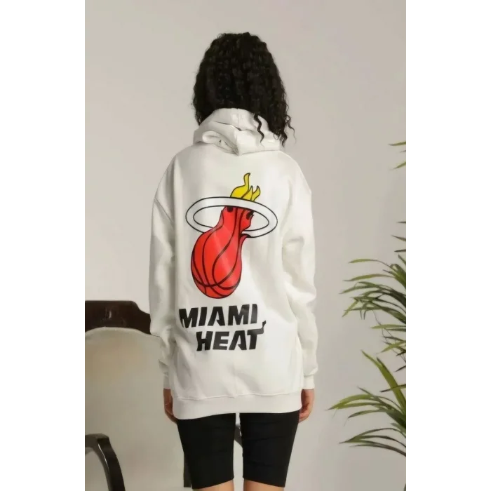 Kadın Oversize Kapüşonlu Cepli Baskılı 3 İplik Pamuklu Hoodie Sweatshirt - Beyaz