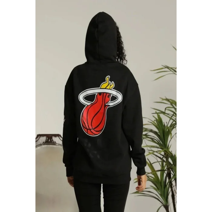 Kadın Oversize Kapüşonlu Cepli Baskılı 3 İplik Pamuklu Hoodie Sweatshirt - Siyah