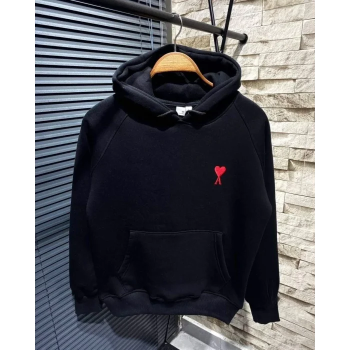 Kadın Oversize Kapüşonlu Cepli KALP Baskılı 3 İplik Pamuklu Hoodie Sweatshirt - Siyah