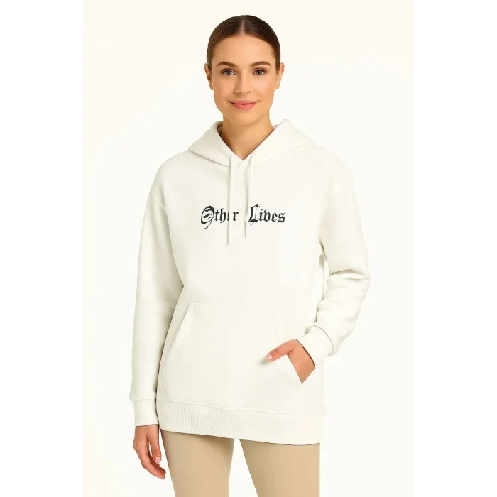 Kadın Kapüşonlu Kanguru Cepli Sweatshirt 3 İplik Pamuklu Baskılı Hoodie - Beyaz