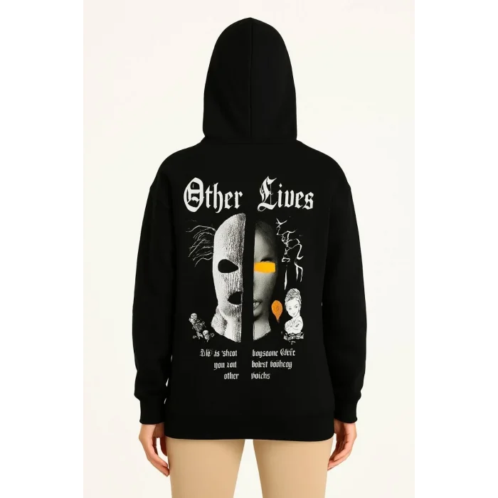 Kadın Kapüşonlu Kanguru Cepli Sweatshirt 3 İplik Pamuklu Baskılı Hoodie - Siyah