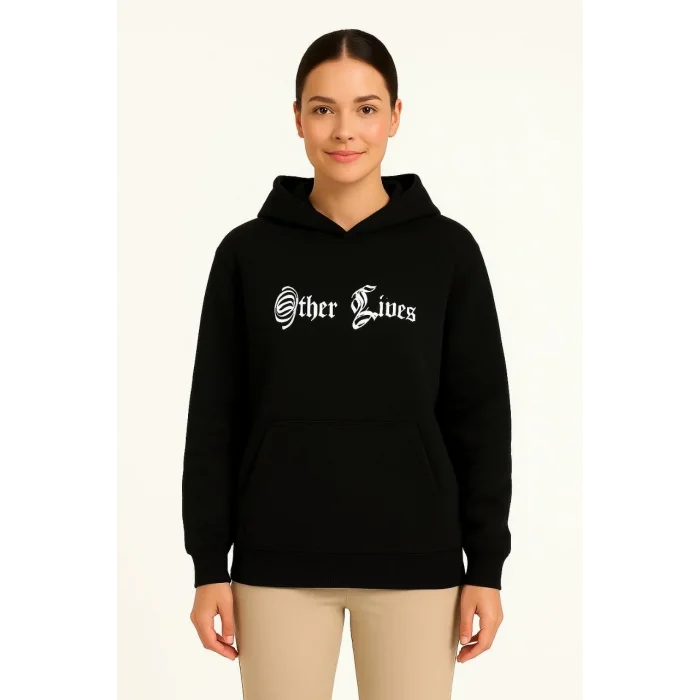 Kadın Kapüşonlu Kanguru Cepli Sweatshirt 3 İplik Pamuklu Baskılı Hoodie - Siyah