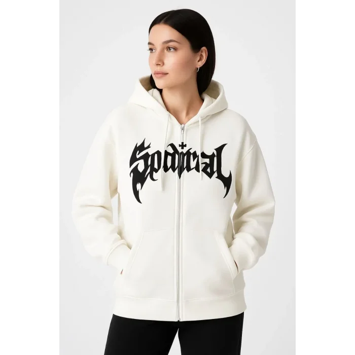 Kadın Kapüşonlu 3 İplik Pamuklu Önü Baskılı Fermuarlı Oversize Hoodie Sweatshirt - Beyaz