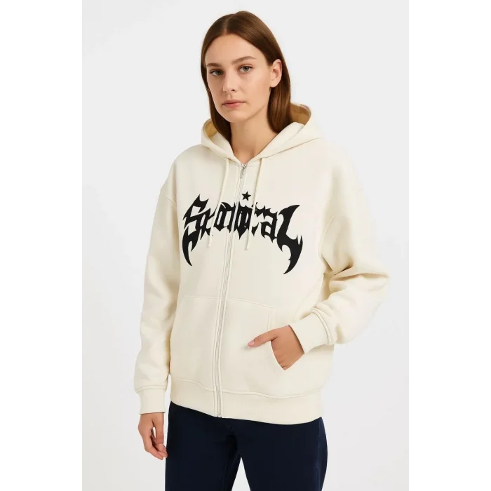 Kadın Kapüşonlu 3 İplik Pamuklu Önü Baskılı Fermuarlı Oversize Hoodie Sweatshirt - Beyaz