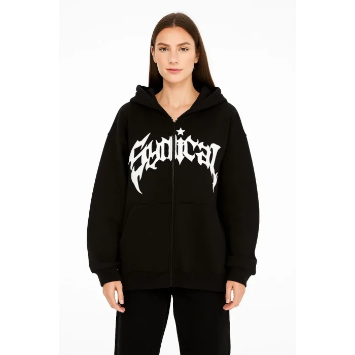 Kadın Kapüşonlu 3 İplik Şardonlu Önü Baskılı Fermuarlı Oversize Sweatshirt - Siyah