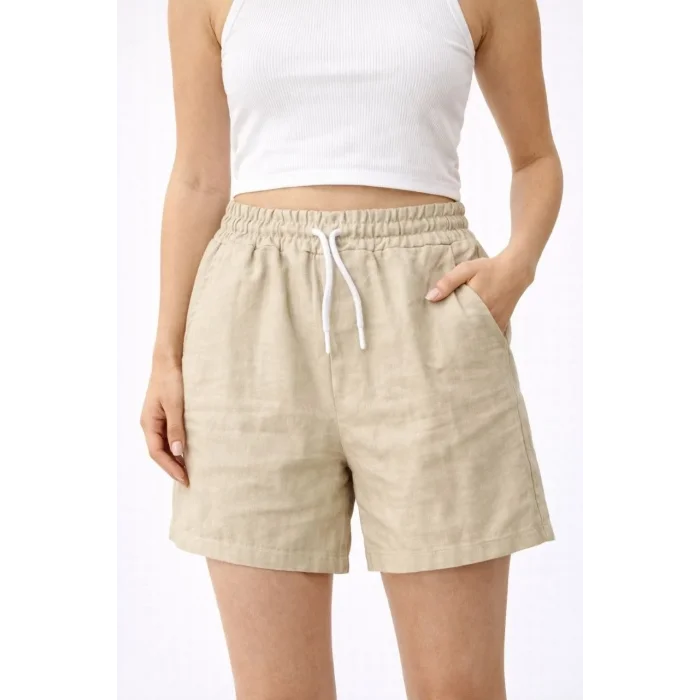 Kadın Keten Kumaş Cepli Rahat Kesim Bel Lastikli Şort - Bej