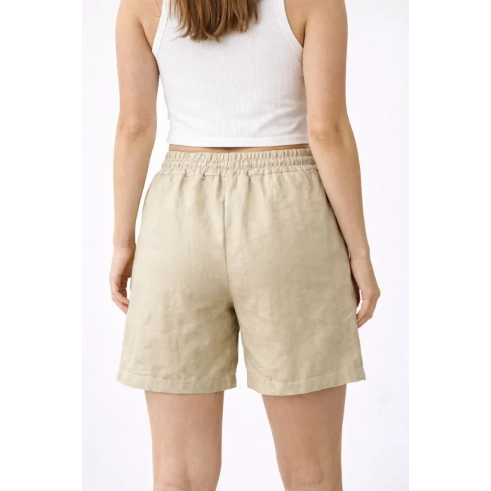 Kadın Keten Kumaş Cepli Rahat Kesim Bel Lastikli Şort - Bej