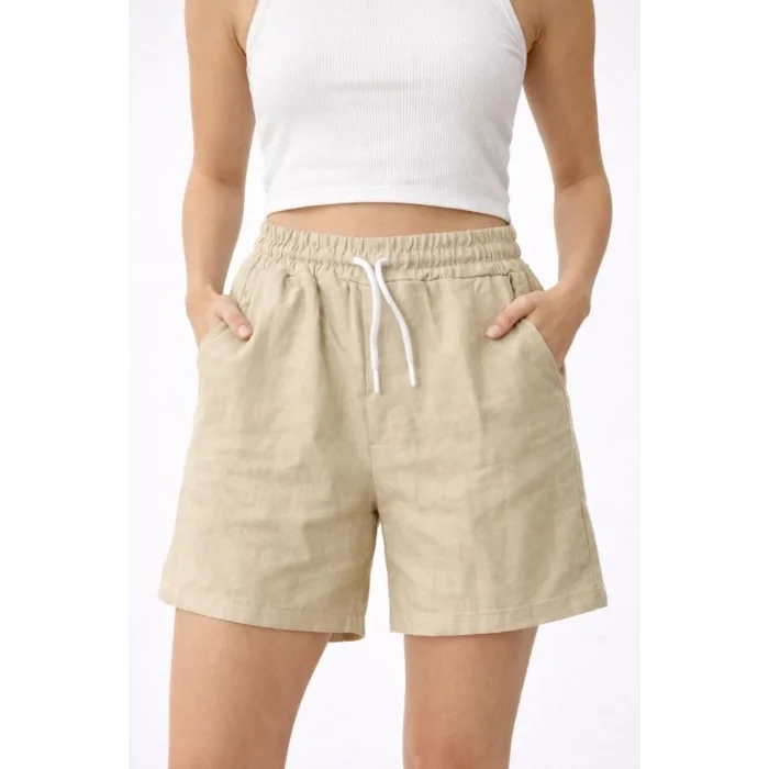 Kadın Keten Kumaş Cepli Rahat Kesim Bel Lastikli Şort - Bej