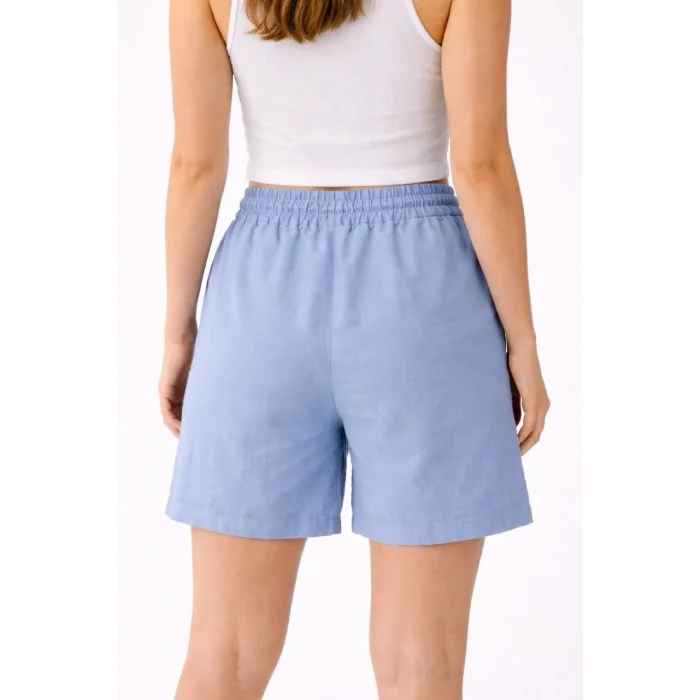 Kadın Keten Kumaş Cepli Rahat Kesim Bel Lastikli Şort - Mavi