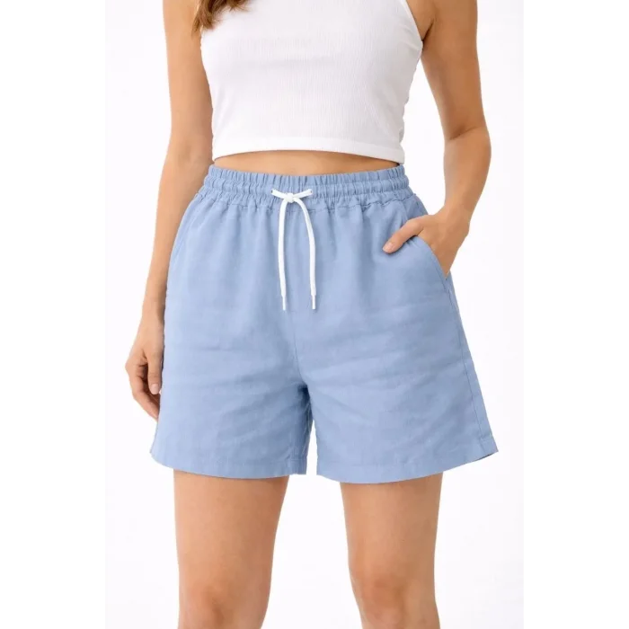 Kadın Keten Kumaş Cepli Rahat Kesim Bel Lastikli Şort - Mavi