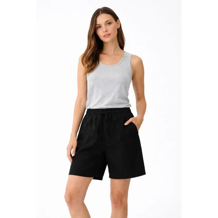 Kadın Keten Kumaş Cepli Rahat Kesim Bel Lastikli Şort - Siyah