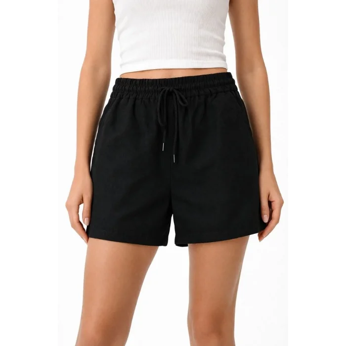 Kadın Keten Kumaş Cepli Rahat Kesim Bel Lastikli Şort - Siyah