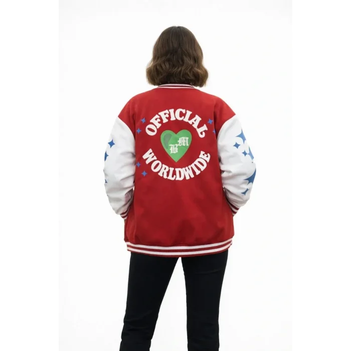 Kadın 3 İplik Pamuklu Çıtçıtlı. Baskılı Oversize Kalıp Kolej Ceket - Kırmızı