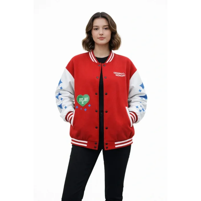 Kadın 3 İplik Pamuklu Çıtçıtlı. Baskılı Oversize Kalıp Kolej Ceket - Kırmızı